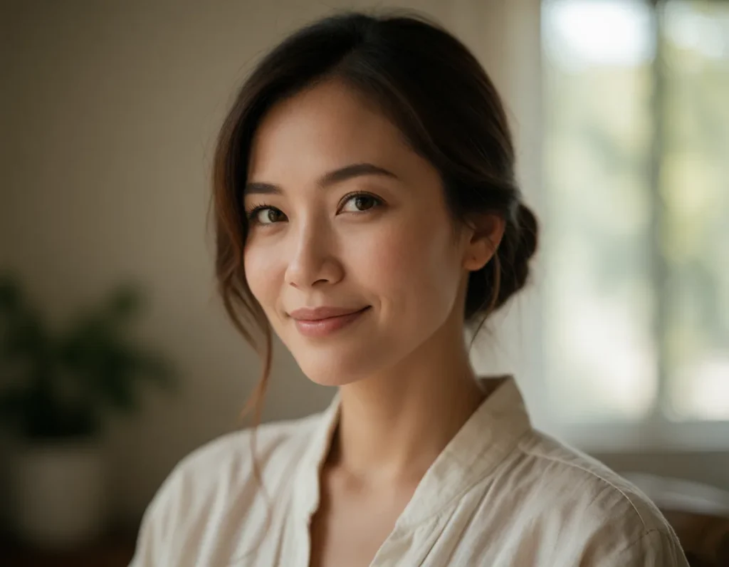 Femme asiatique aux cheveux noirs lissés, vêtue d'une chemise blanche à col, assise dans un fauteuil clair sous une lumière
