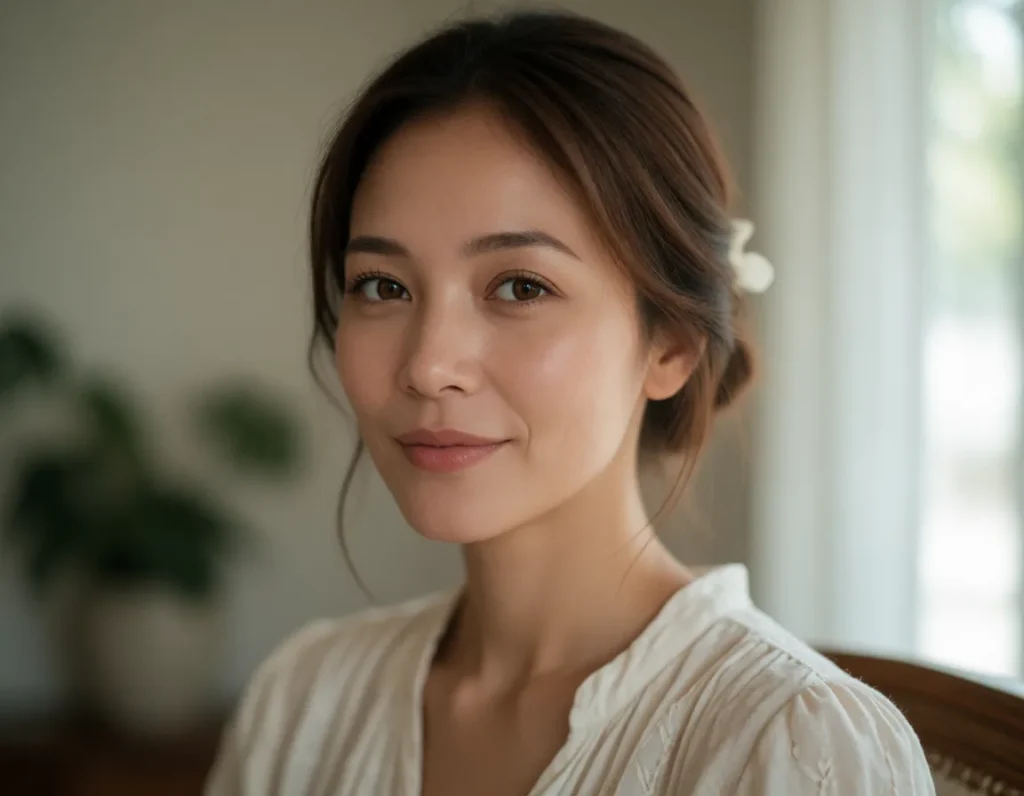 Femme asiatique aux cheveux longs et lisses, vêtue d'une chemise blanche en lin, assise dans un salon aux tons pastel et