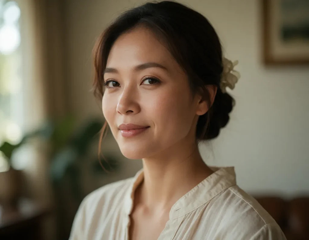Femme asiatique aux cheveux courts et bouclés, vêtue d'une chemise en lin blanc, dans un intérieur aux tons pastel et