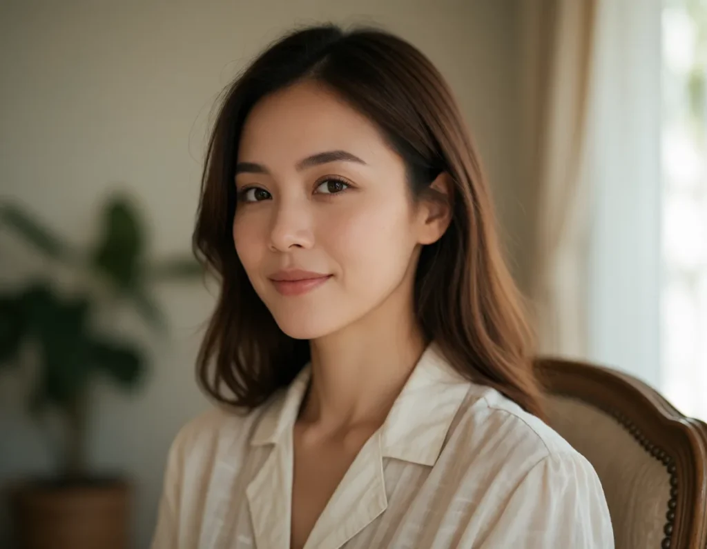 Femme asiatique aux cheveux longs bruns, vêtue d'une chemise en lin crème, assise dans un intérieur aux tons pastel et à la