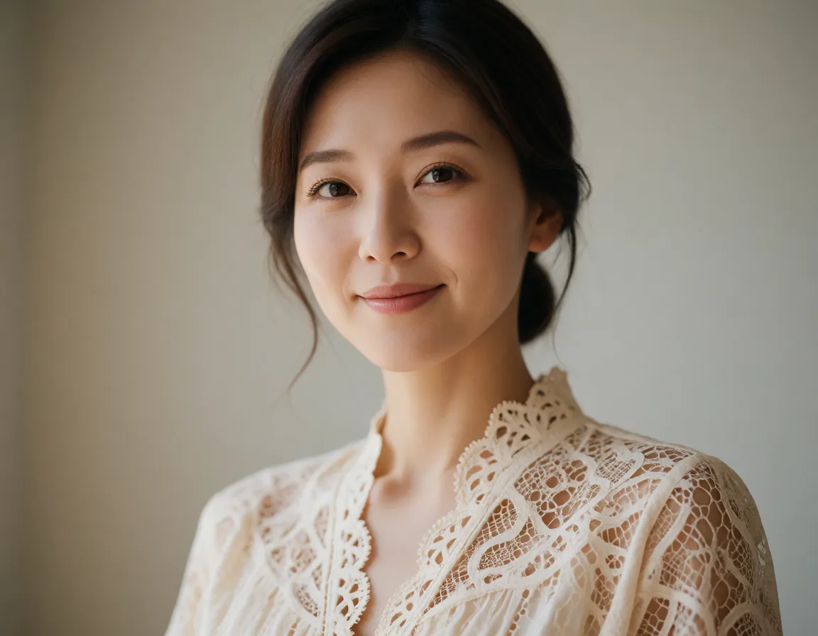 Portrait d'une femme asiatique aux cheveux courts, vêtue d'une robe en dentelle blanche et beige, éclairée par une lumière