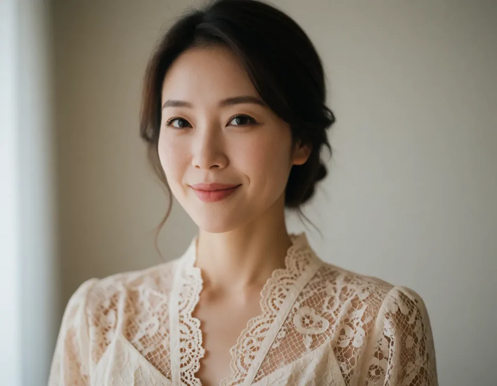 Femme asiatique aux cheveux noirs lissés, vêtue d'un chemisier en dentelle blanche et d'une veste en dentelle beige, fond