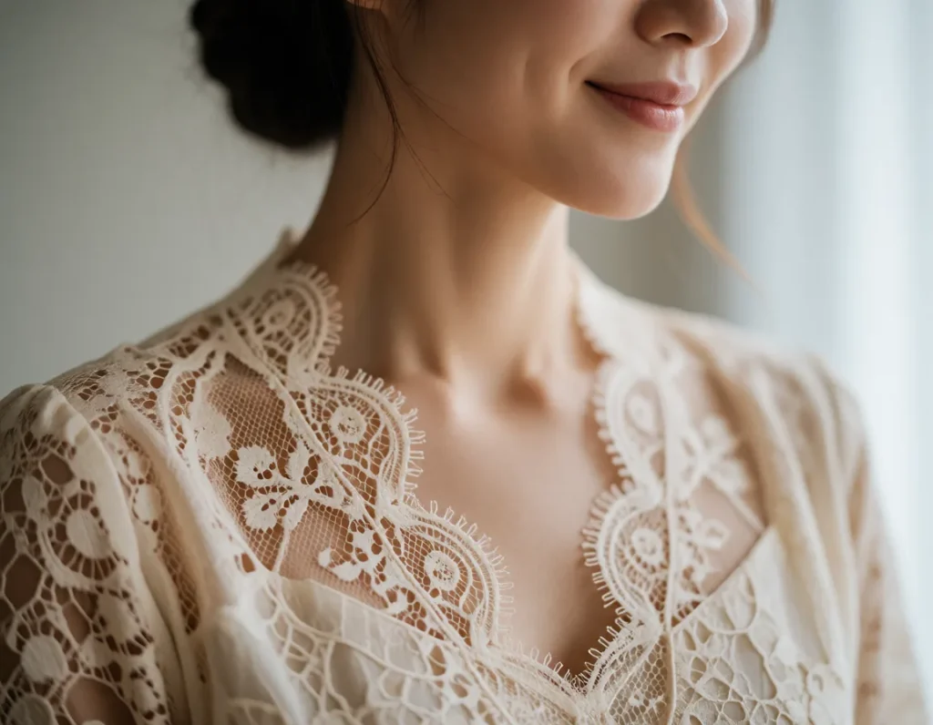 Femme asiatique aux traits délicats vêtue d'une robe en dentelle ajourée ivoire et marron, coiffée d'un serre-tête noir