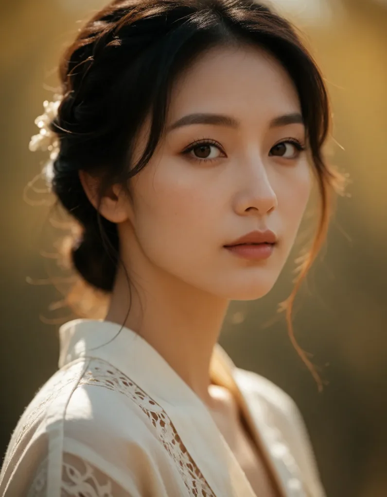 Portrait d'une femme asiatique aux cheveux noirs mi-longs, vêtue d'une robe blanche à motifs floraux, dans un intérieur