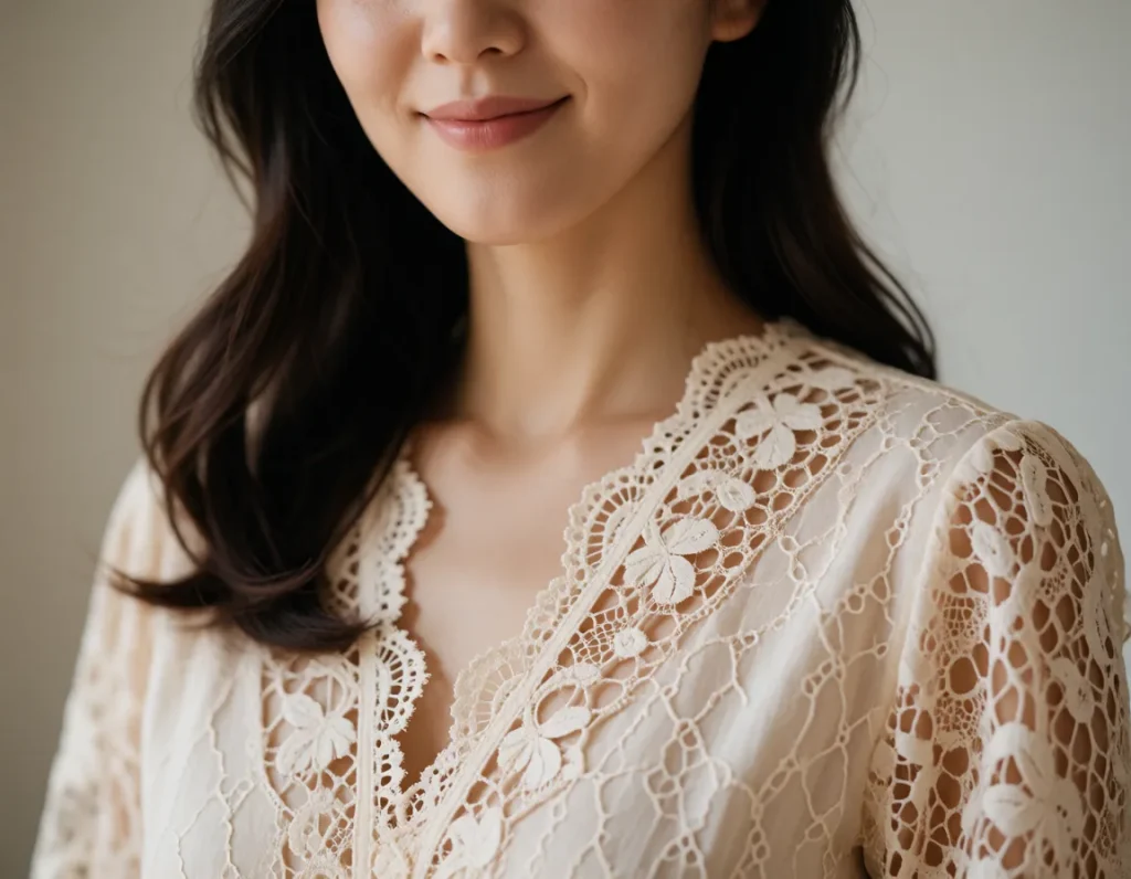 Femme asiatique en robe à motifs ajourés en dentelle blanche, cheveux noirs lissés, fond neutre et éclairage doux et uniforme
