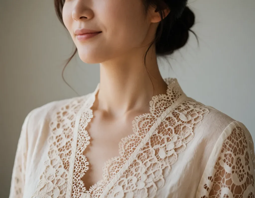 Femme asiatique en robe à motifs de dentelle blanche et beige, col Claudine, manches bouffantes, sur fond neutre éclairé par