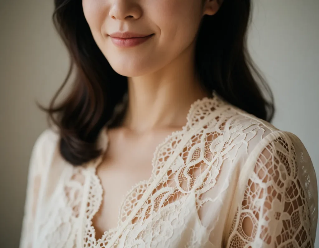 Femme asiatique vêtue d'une robe en dentelle blanche à motifs floraux, collier de perles fines, cheveux relevés en chignon