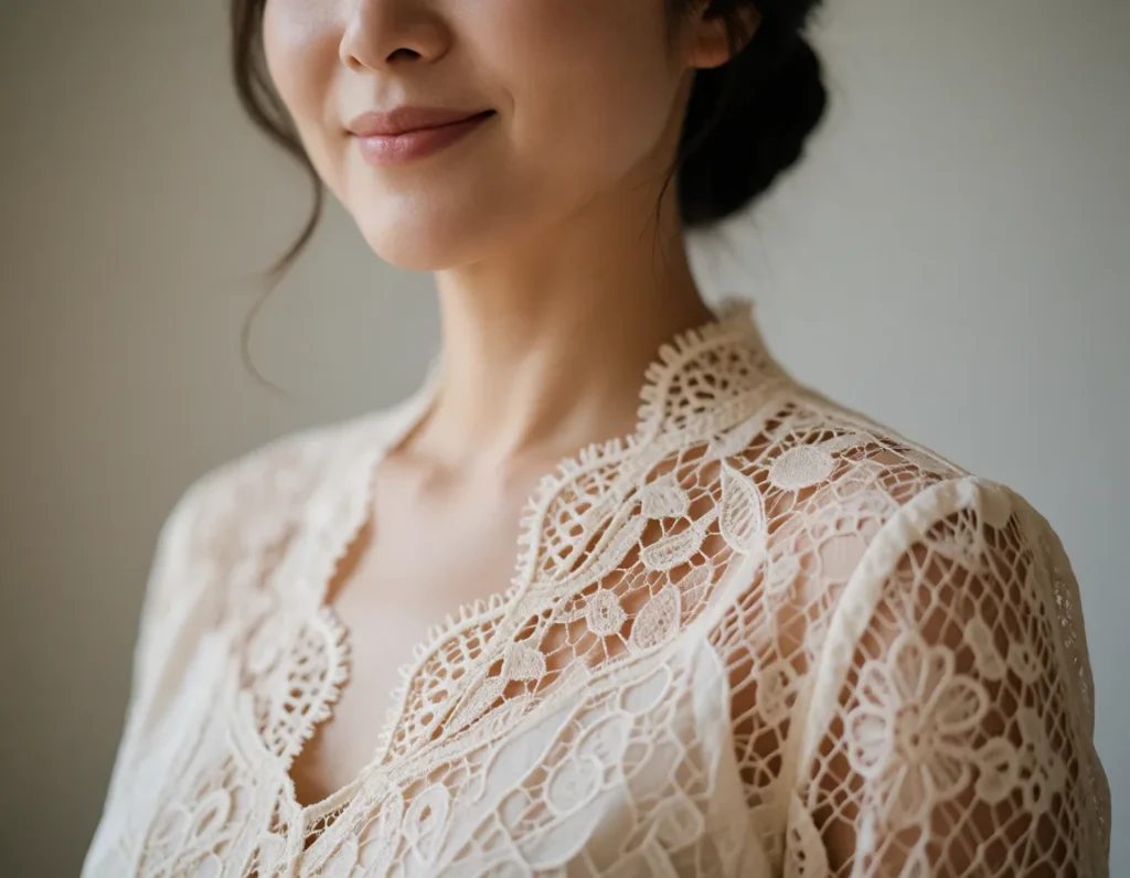 Femme asiatique en robe à manches longues en dentelle ajourée blanche, collier de perles et coiffure sophistiquée, portrait