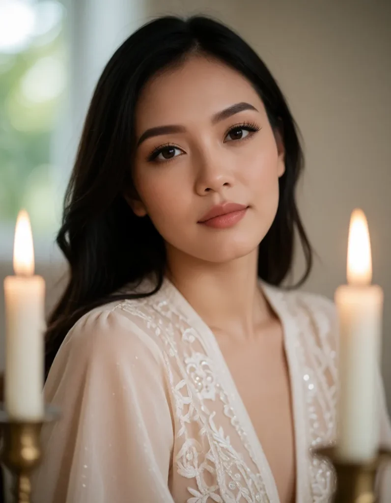 Jeune femme asiatique aux cheveux noirs lissés, portant une robe blanche à motifs floraux en dentelle, éclairée par une