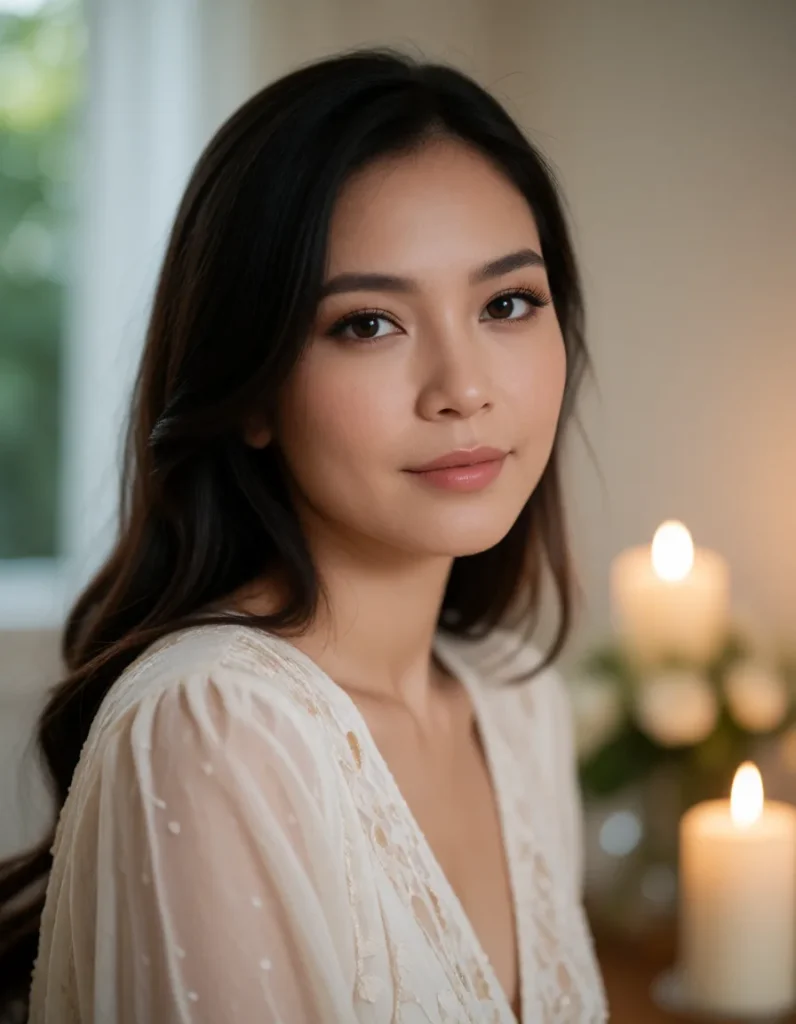 Jeune femme asiatique aux cheveux lissés noirs, vêtue d'une robe en dentelle blanche à manches longues, éclairée par une