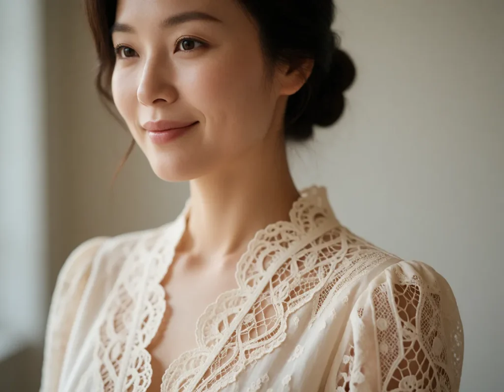 Jeune femme asiatique vêtue d'une robe en dentelle blanche à motifs floraux, coiffée d'un chapeau noir à larges bords, dans