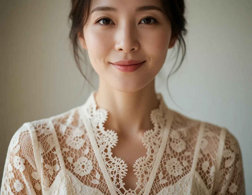 Portrait d'une femme asiatique aux cheveux courts et bouclés, vêtue d'une robe en dentelle crème à motifs floraux, sur fond