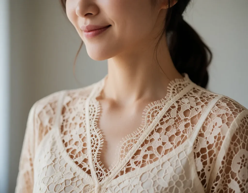 Femme asiatique vêtue d'une robe en dentelle blanche aux motifs floraux, assise près d'une fenêtre aux rideaux clairs