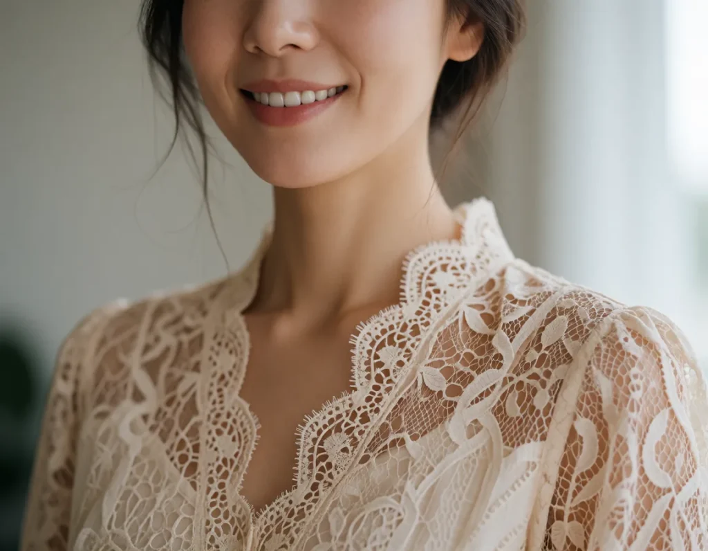 Femme asiatique souriante vêtue d’une robe en dentelle ivoire à motifs floraux, collier de perles et fond neutre éclairé par
