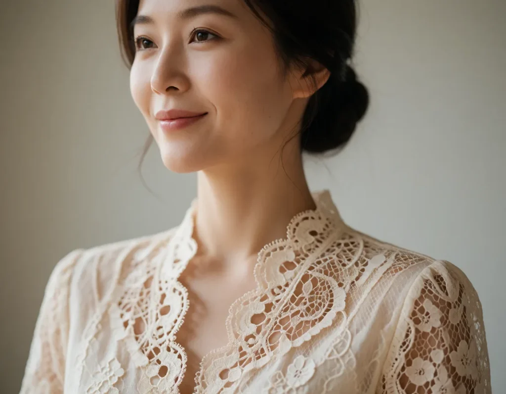 Portrait d'une femme asiatique aux cheveux noirs lissés, vêtue d'une robe en dentelle blanche à motifs floraux, sur fond