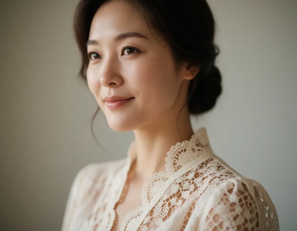 Portrait d'une femme asiatique aux traits délicats vêtue d'une robe en dentelle crème, collier de perles et coiffure haute