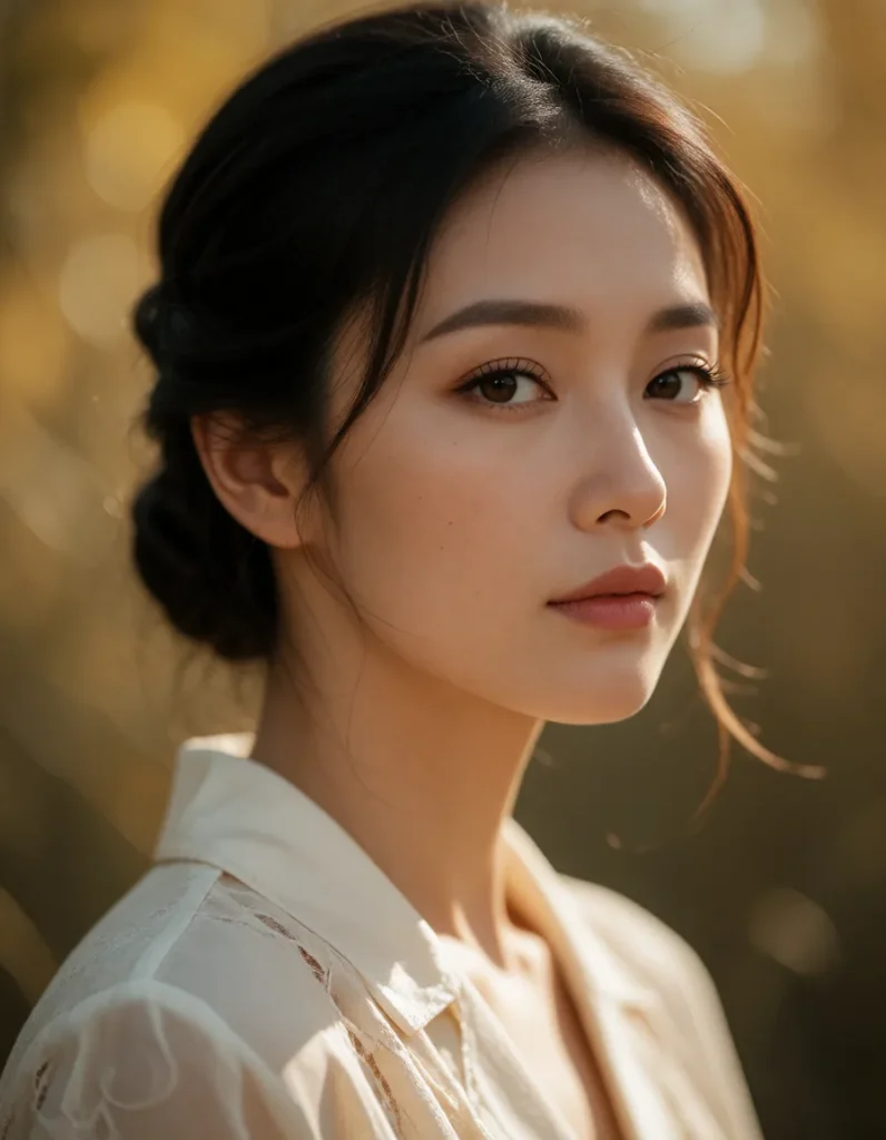 Portrait d'une femme asiatique aux cheveux courts et bouclés, vêtue d'une robe en lin blanc, dans un intérieur aux tons