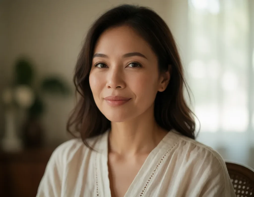 Femme asiatique aux cheveux longs et lisses vêtue d'une robe à rayures verticales crème et marron, assise dans un fauteuil