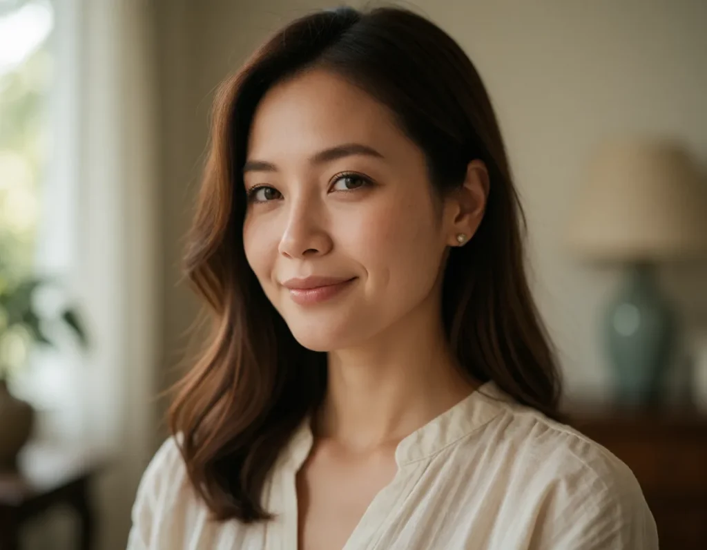 Femme asiatique aux cheveux longs et lisses, vêtue d'une robe en soie ivoire, assise dans un fauteuil en velours vert pâle