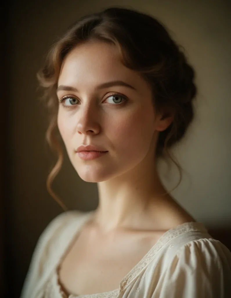 Femme caucasienne aux cheveux bruns ondulés, vêtue d'une robe en mousseline claire, dans une ambiance vintage aux tons doux