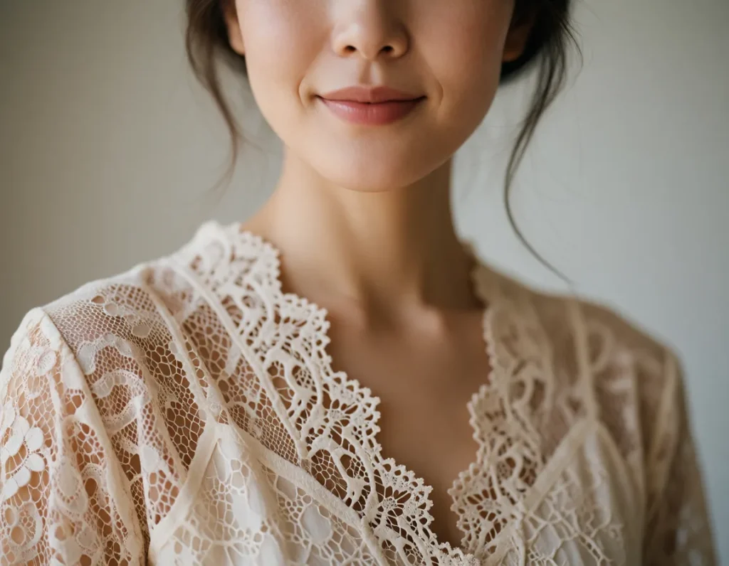 Femme asiatique souriante vêtue d'une robe à motifs ajourés en dentelle beige et marron, cheveux attachés en chignon, fond