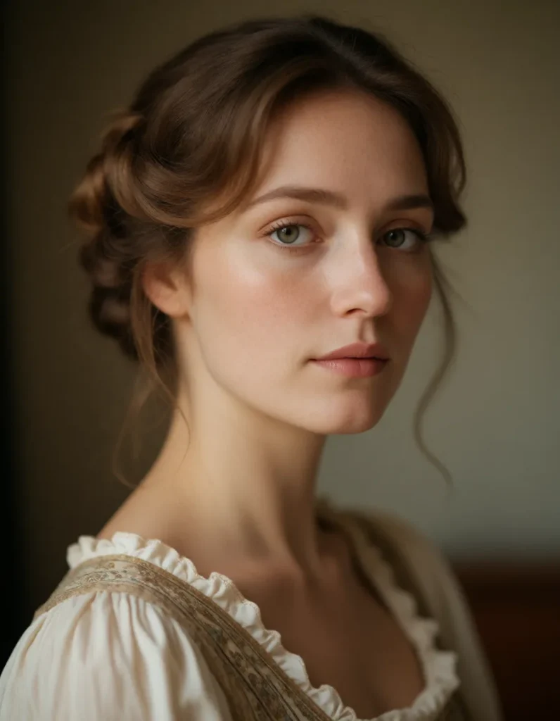 Portrait en noir et blanc d'une femme aux cheveux bruns ondulés, vêtue d'une robe à volants en dentelle blanche, collier de