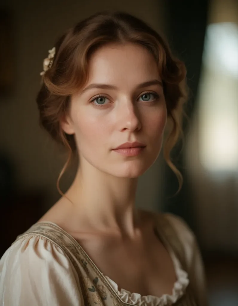 Portrait en noir et blanc d'une femme aux cheveux blonds ondulés, vêtue d'une robe à manches longues en dentelle et satin