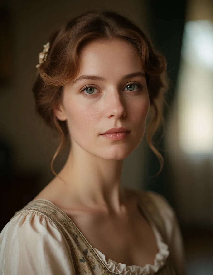 Portrait en noir et blanc d'une femme aux cheveux blonds ondulés, vêtue d'une robe à manches longues en dentelle et satin