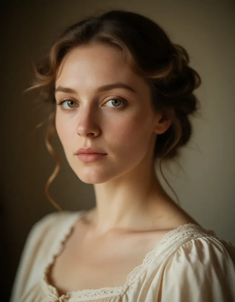 Portrait en noir et blanc d'une femme aux cheveux bruns bouclés, vêtue d'une robe à manches bouffantes en mousseline claire