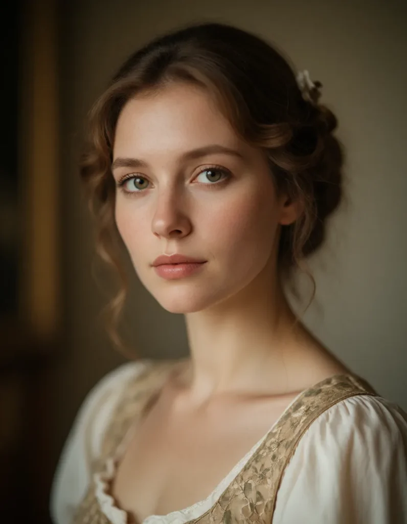 Portrait en noir et blanc d'une femme aux cheveux bruns ondulés, vêtue d'une robe en mousseline claire à motifs floraux
