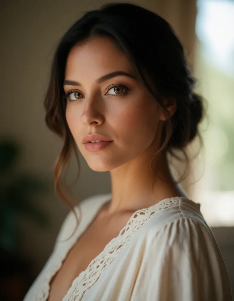 Portrait d'une femme aux cheveux bruns bouclés, vêtue d'une robe blanche à manches longues en mousseline, éclairée par une