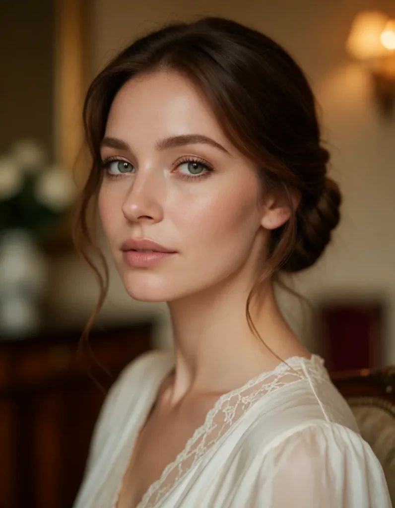 Portrait d'une femme aux cheveux bruns ondulés vêtue d'une robe blanche à manches bouffantes, assise dans un salon aux tons