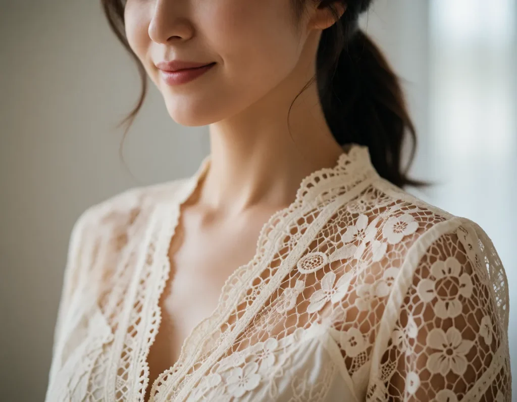 Femme asiatique vêtue d'une robe en dentelle ajourée crème, collier de perles et boucles d'oreilles dorées, assise près