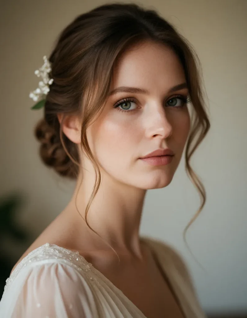 Jeune femme aux cheveux blonds ondulés, robe blanche vaporeuse à dentelle, collier de perles fines, lumière douce et floue