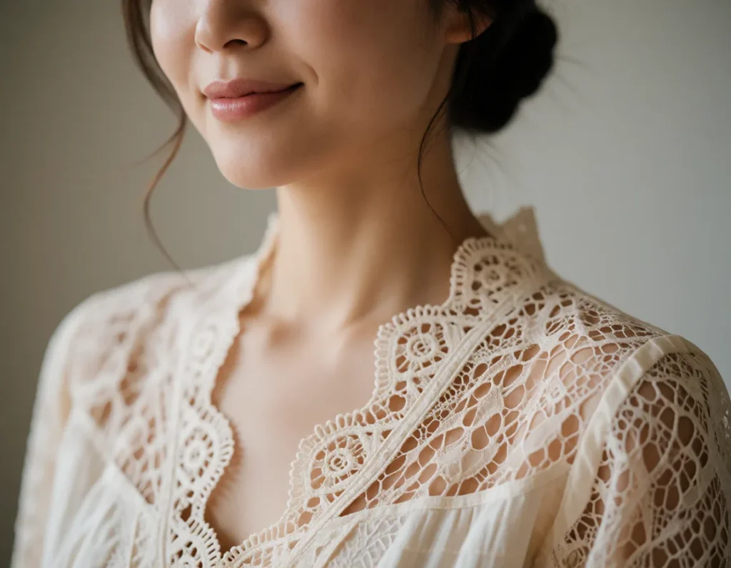 Portrait d'une femme asiatique aux traits délicats vêtue d'une robe en dentelle blanche à motifs floraux, cheveux relevés en