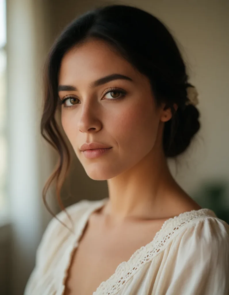 Portrait d'une femme aux cheveux blonds et aux yeux clairs, vêtue d'une robe en dentelle blanche, dans un intérieur aux tons