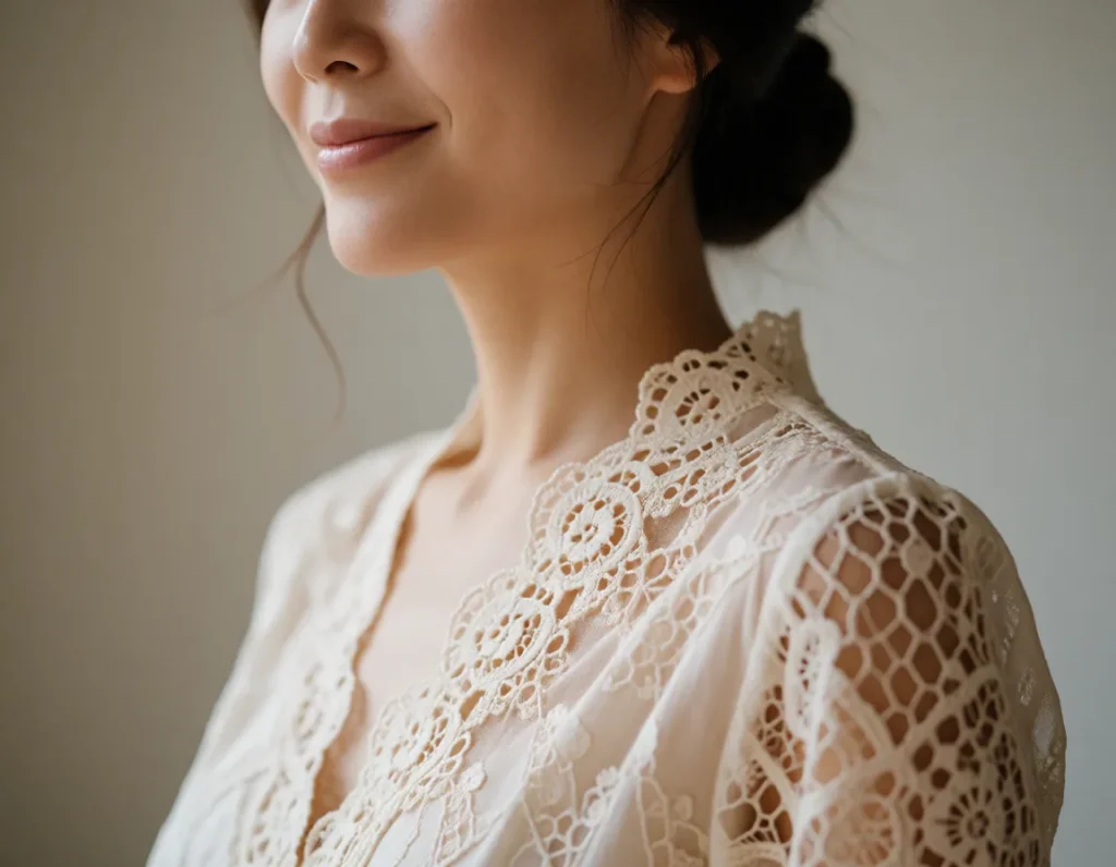Femme asiatique aux cheveux courts et bouclés, vêtue d'une robe en dentelle ivoire à motifs floraux, posée devant un fond