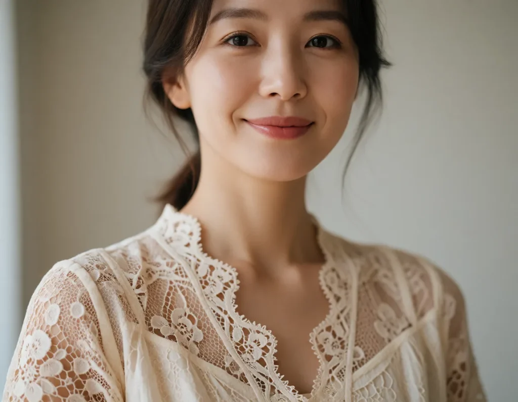 Portrait d'une femme aux traits asiatiques vêtue d'une robe en dentelle ivoire à motifs floraux, lumière douce sur un fond