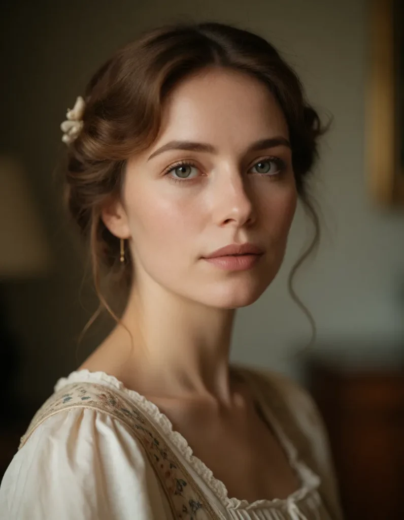 Jeune femme aux cheveux blonds bouclés, robe en dentelle ivoire à manches longues, collier de perles, fond flou aux tons