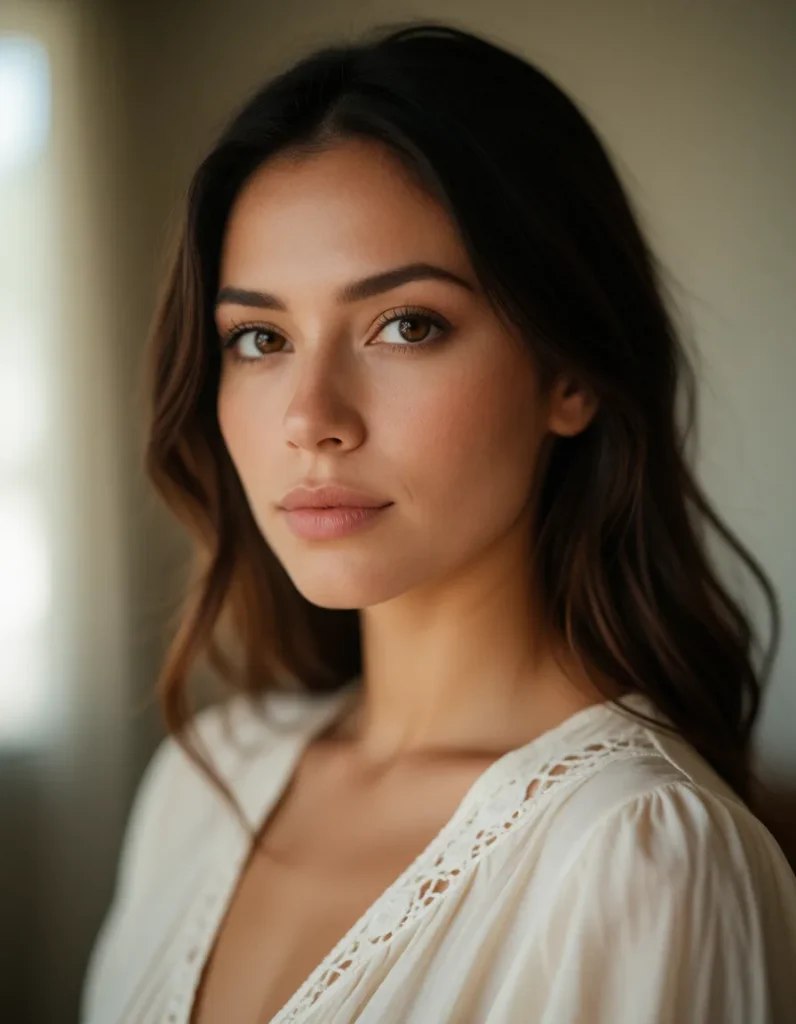 Portrait d'une femme aux cheveux bruns lissés, vêtue d'une robe blanche à manches longues en dentelle, éclairée par une