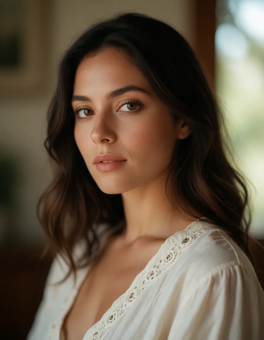 Portrait d'une femme aux cheveux bruns bouclés, vêtue d'une robe en dentelle blanche, dans une lumière douce et naturelle