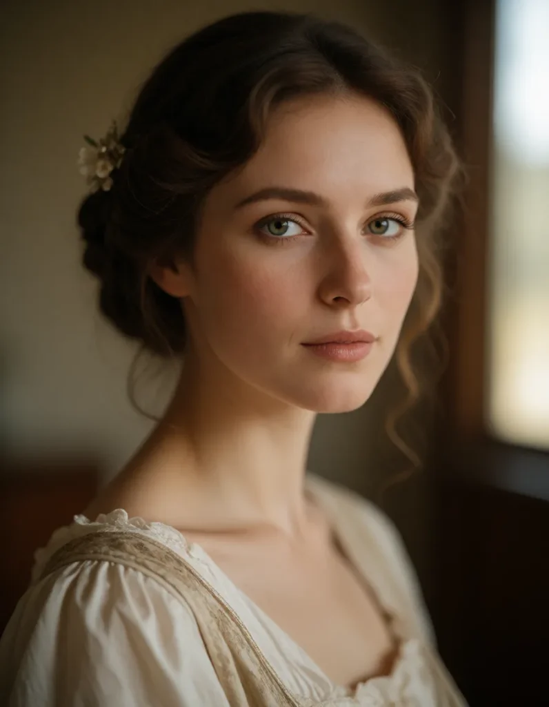 Portrait en noir et blanc d'une femme aux cheveux bouclés, vêtue d'une robe à manches bouffantes en dentelle blanche
