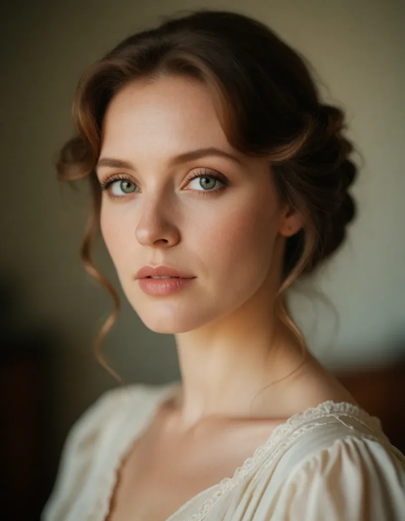 Portrait d'une femme aux cheveux bruns ondulés, vêtue d'une robe blanche en dentelle, éclairée par une lumière douce et
