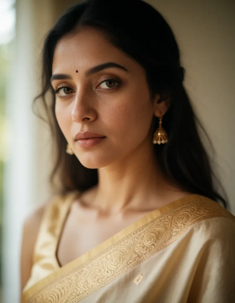 Portrait d'une femme aux traits indiens, vêtue d'une robe dorée à motifs complexes, cheveux noirs attachés en chignon