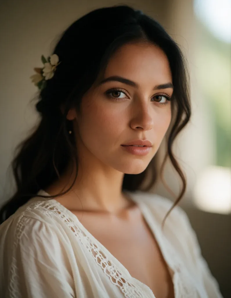 Jeune femme aux cheveux bruns bouclés vêtue d'une robe blanche à motifs floraux, coiffée d'un bandeau noir, dans un