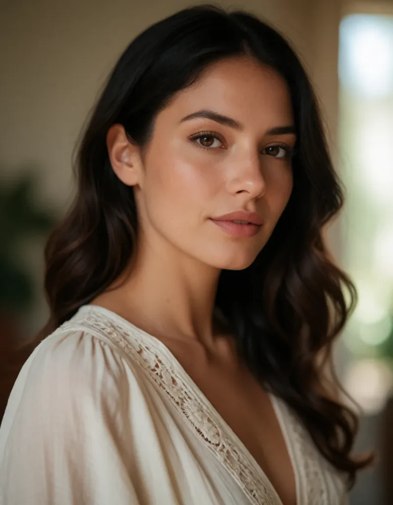 Portrait d'une femme aux cheveux bruns lissés, vêtue d'une robe en lin crème aux motifs ajourés, dans une lumière douce et