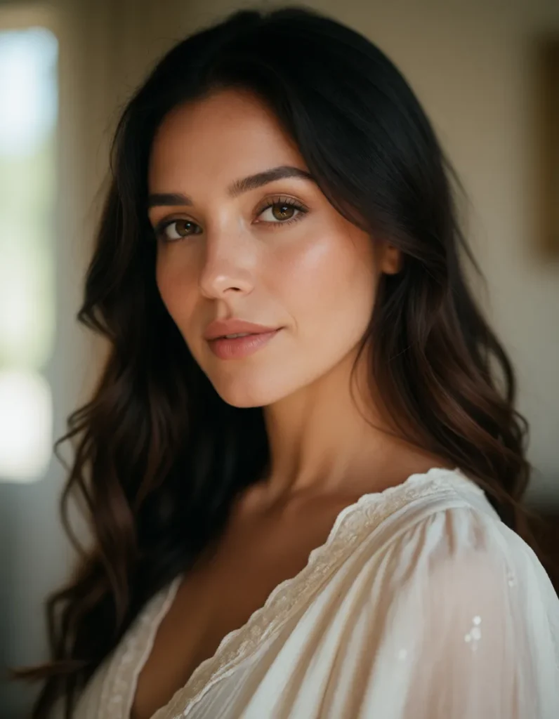 Portrait d'une femme aux cheveux bruns ondulés, vêtue d'une robe en lin blanc à manches longues, dans une lumière douce et