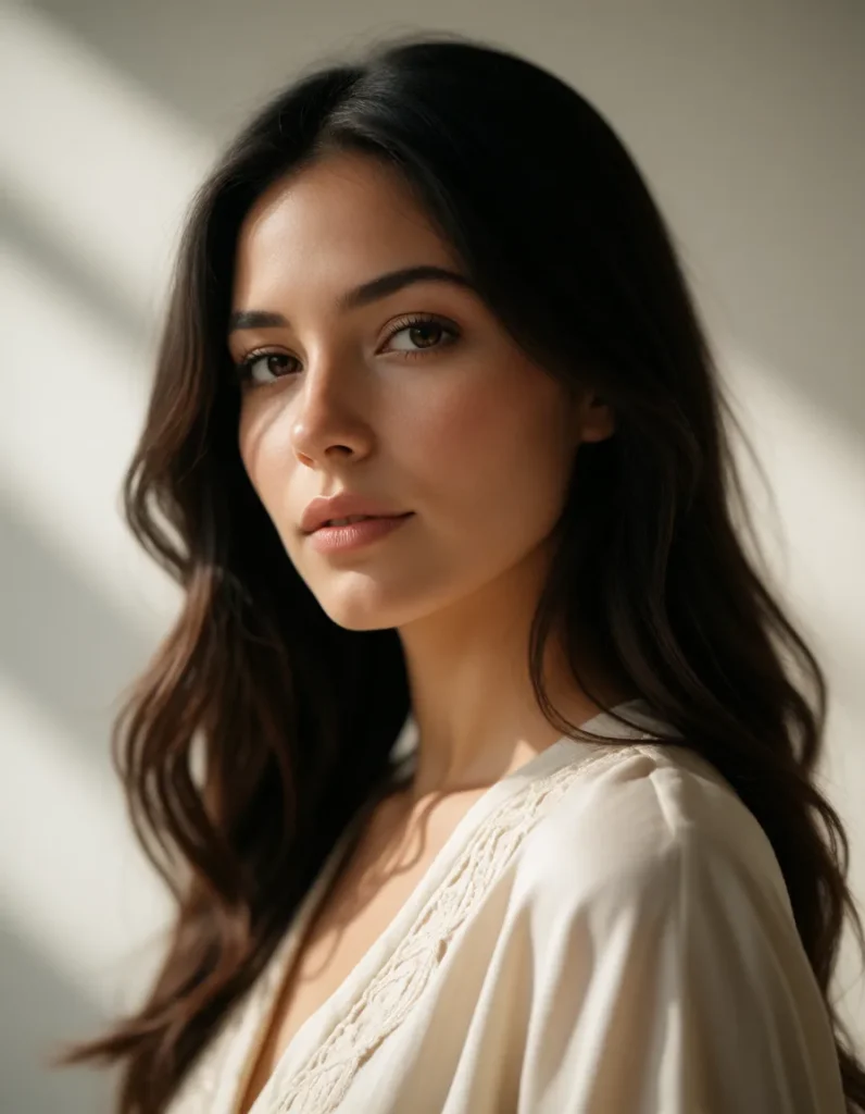 Femme aux cheveux bruns ondulés vêtue d'une robe en lin blanc, visage partiellement éclairé par une lumière douce et diffuse