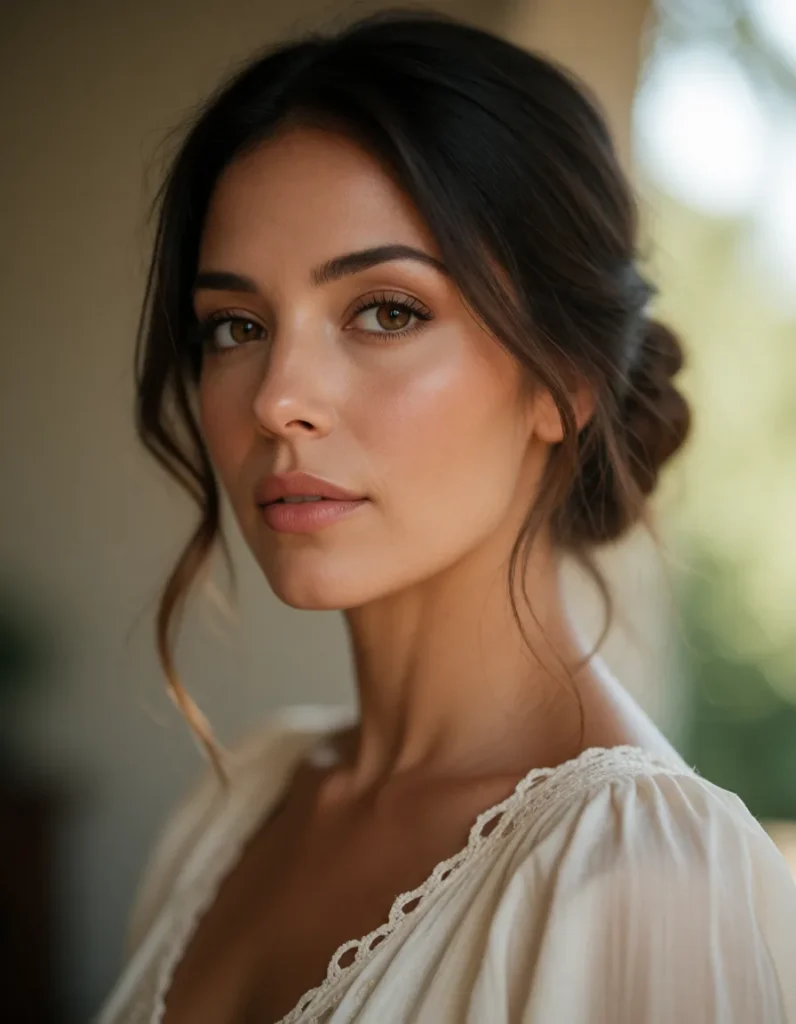 Portrait d'une femme aux cheveux bruns bouclés, vêtue d'une robe en lin crème, dans une lumière douce et naturelle aux tons