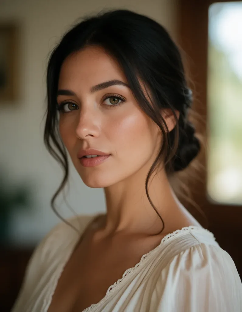 Portrait d'une femme aux cheveux noirs lissés, vêtue d'une robe en lin crème, dans une lumière douce et naturelle aux tons
